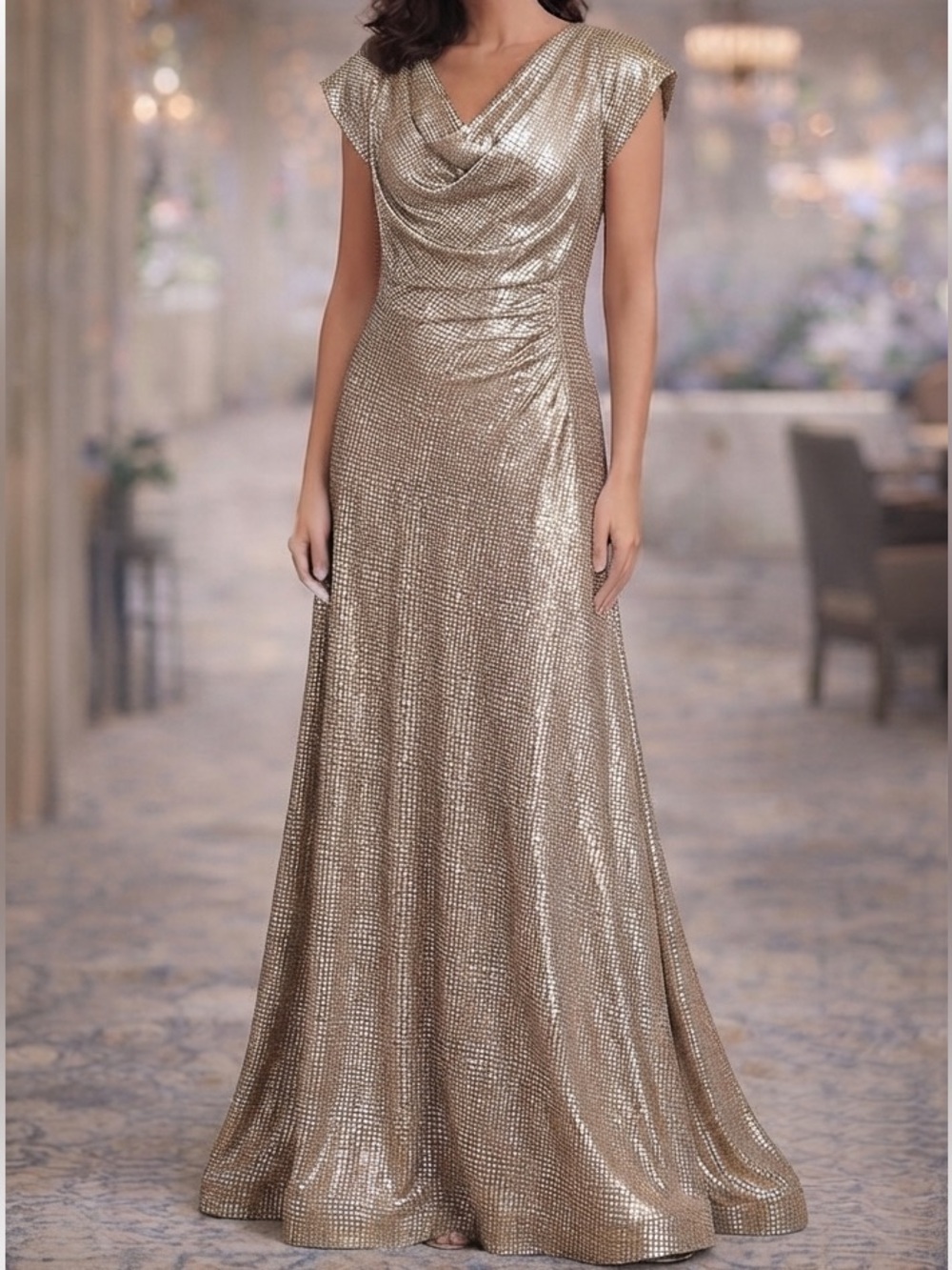 Tahari ASL Metallic Silver Cowl Neck Ruched Gown 16W